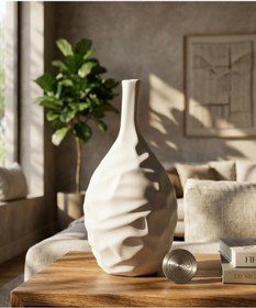 Resim Dalgalı Model El Yapımı Özel Seri Testi Modeli Seramik Vazo 30 Cm Beyaz 