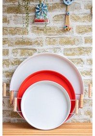 Resim Kitchen Trend 3 Lü 45beyaz, 37kırmızı, 30beyaz Ahşap Kulplu Metal Tepsi Sunum Tepsi Seti 