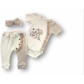 Resim 3-6 6-9 9-12 Ay Minik Sincap Nakışlı Şapkalı Uzun Kollu Zıbınlı 3lü Kız Bebek Takımı Kahverengi Kahverengi 