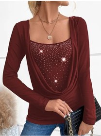 Resim Hazego Kadın Uzun Kollu Derin Degaje Yakalı Taşlı Sandy Bluz Bordo 