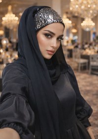 Resim Aişe tesettür Siyah Gümüş Payetli Bandana Abiye Şal 