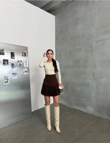 Resim Yarım Pileli Kısa Etek Modal Kumaş, Yüksek Bel, Fermuarlı Kahverengi 