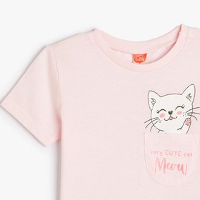Resim Kız Bebek Tişört Kısa Kollu Bisiklet Yaka Kedi Baskılı Cep Detaylı Pamuklu 