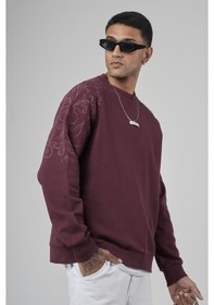 Resim Reglan Kol Omuzları Baskılı Oversize Kesim Erkek Sweatshirt Bordo 