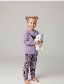 Resim Kız Çocuk Pamuklu Baskılı Pijama Takımı-16830 Mor 