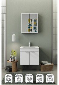 Resim Biani Fix Loft 65 Cm Banyo Dolabı,Seramik Lavabolu, Aynalı,Lavabo Dahil,Mdf,Mat Beyaz 