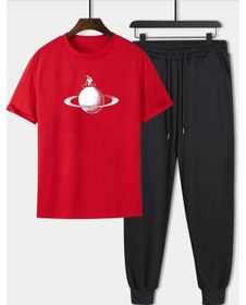 Resim Unisex Astronaut Rides Baskılı 2'li Eşofman Takımı Kırmızı 