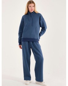 Resim Q-1001 Q-4008 Kapüşonlu Sweat Bel Lastikli Pantolon Üç İplik Şardonlu Takım İndigo 