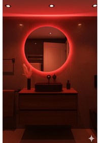 Resim 60 Cm Yuvarlak Led Işıklı Banyo Aynası Banyo, Antre, Yatak Odası Ve Makyaj Kırmızı 