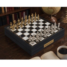 Resim Kişiye Özel Osmanlı Bizans Temalı Lüks Metal Satranç Takımı 20cm Sandıklı Mermer Desenli Premium Set 