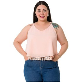 Resim Büyük Beden Sırt Dekolteli Dantel Detaylı Şifon Pudra Bluz-pudra Pudra 