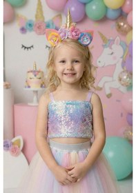 Resim Butikhappykids Kız Çocuk Unicorn Temalı Payetli Crop Kuyruklu Tütü Etek İkili Takım 3-7 Yaş Pembe 