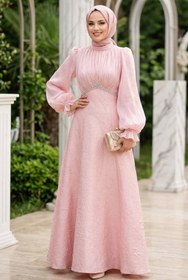 Resim N.S NEVA STYLE Boncuk Detaylı Pembe Tesettür Abiye Elbise 80178P 