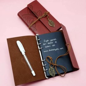 Resim SHC4200 Kahverengi Deri Siyah Yapraklı Defter Beyaz Jel Kalem Seti 