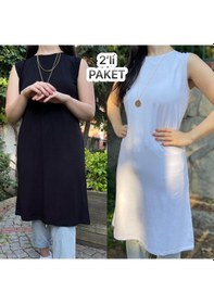 Resim Kadın Sıfır Kol Penye Uzun Tunik İçlik Siyah Beyaz 2 Adet 001 