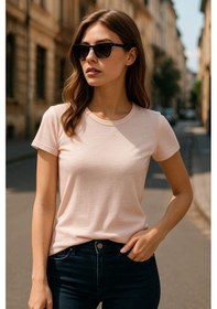 Resim Kadın %100 Organik Pamuklu Relaxed Yıkamalı T-shirt Bisiklet Yaka Kısa Kollu Kadın Basic Tişört Pembe 