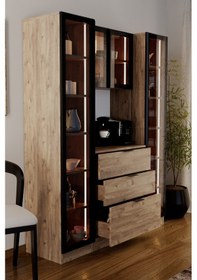 Resim Sierra Temperli Cam 4 Kapaklı Ledli Kahve Köşesi Mutfak Kiler Dolabı Çam Atlantik Çam 