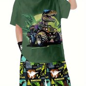 Resim Erkek Çocuklar için Yazlık Canavar Kamyon T-Shirt Seti: 2 Adet Dinozor Kamyon Kıyafeti, T-Shirt + Şort - Canlı Yeşil, Rahat Stil, Düzenli Kesim, Hayvan Desenli Tasarım, Dış Mekan için Mükemmel 