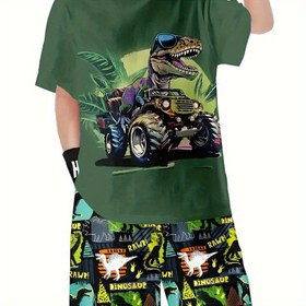 Resim Erkek Çocuklar için Yazlık Canavar Kamyon T-Shirt Seti: 2 Adet Dinozor Kamyon Kıyafeti, T-Shirt + Şort - Canlı Yeşil, Rahat Stil, Düzenli Kesim, Hayvan Desenli Tasarım, Dış Mekan için Mükemmel 