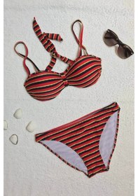 Resim Dagi Straplez Destekli Push-Up Çizgili Kırmızı Bikini Takımı 