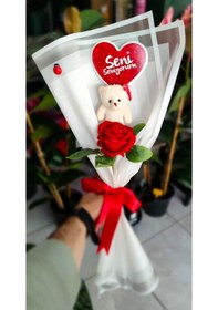 Resim Tekli Ayıcık Buketi & Gül & Seni Seviyorum Kartı Yıldönümü Doğum Gününe Özel Sevgiliye Hediye Çok Renkli 