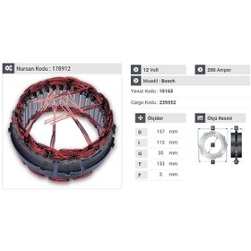 Resim 12v Alternatör Statör Bosch Tipi 200 A 6 Uçlu-tırnaklı N11.392 