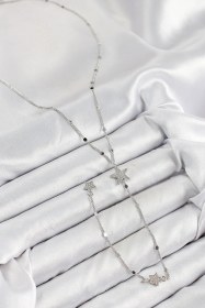 Resim Pirinç Zirkon Taşlı Yıldızlı Y Kolye Gümüş Renk Renkli 