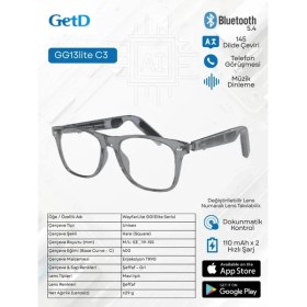 Resim GG13C3 Getd Bluetooth Kulaklıklı Akıllı Gözlük - 2'si 1 Arada Kablosuz Kulaklık + Gözlük | Müzik, Arama, AI Çeviri (Şeffaf) 