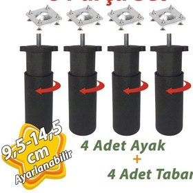 Resim 4 Adet Destek Ayağı 9,5-14,5 Cm Siyah Ve 4 Adet Metal Düz Ayak Tabanı M8 Civatalı İnce Diş Mobilya Kanepe Baza Koltuk Seti 