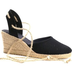 Resim Gerçek Elişi Topuğu Açık Bilekten Bağlamalı Bej Dolgu Topuk Keten Hasır Espadril Handmade Siyah 