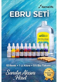 Resim Profesyonel Ebru Seti 2 10 Renk Damlalıklı Boya + 1 Lt Kitre + 5 Li Biz Takımı 
