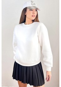 Resim Kadın Cozy İçi Polarlı Ekru Basic Bisiklet Yaka Pamuklu Kalın Örme Sweatshirt Ekru 