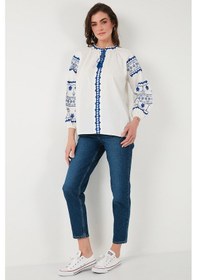 Resim Lela Nakış Işlemeli Pamuklu Oversize Fit Bağlamalı V Yaka Bayan Bluz 676271 Ekru 