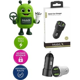 Resim Mobilx Mc-02 2.4a Çift Usb Portlu Metal Araç Şarj Cihazı Type-c Ve Lightning Kablo Uyumlu Siyah 