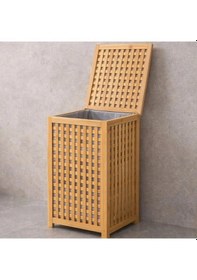 Resim Kalın Ahşap Bambu Kirli Çamaşır Sepeti Kumaş Çantalı Sepet 40x40x58cm 5468 Çok Renkli 