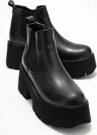 Resim Luvishoes Clen Siyah Cilt Hakiki Deri Lastikli Kadın Kalın Tabanlı Bot Siyah-Cilt 