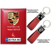 Resim Plakanıza Özel Porsche Logolu Kırmızı Ruhsat Kabı Ve Anahtarlık 