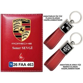 Resim Plakanıza Özel Porsche Logolu Kırmızı Ruhsat Kabı Ve Anahtarlık 