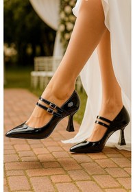 Resim Günlük Kadın İnce Topuklu Sivri Burun Çift Bantlı Tokalı Abiye Ayakkabı 100 Siyah Rugan 