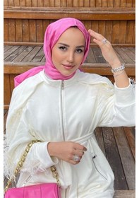 Resim Carell Betül Duman'ın Tercihi Küpçizgi Jakar İtalyan İpekli Şal Koyu Pembe Çok Renkli 