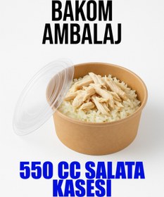 Resim BAKOM AMBALAJ 10'lu 550 CC Organik Kraft Karton Salata Kasesi Kapaklı + 10'lu Lüks Siyah Plastik Çatal Seti 