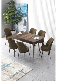 Resim Canisa Concept Zen Serisi 80x132 Mdf Açılabilir Barok Ahşap Desen Masa Takımı Ve 6 Kahverengi Sandalye Barok Masa Sandalyeler Kahverengi 