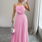 Resim 3D Çiçek Detaylı Şık Fransız Etkili Pembe A-Şerit Midi Elbise - Püsküllü Bel, Kolsuz, Düğün ve Casual Giyim için, İlkbahar/Yaz Koleksiyonu 