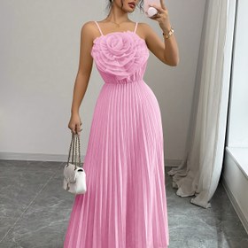 Resim 3D Çiçek Detaylı Şık Fransız Etkili Pembe A-Şerit Midi Elbise - Püsküllü Bel, Kolsuz, Düğün ve Casual Giyim için, İlkbahar/Yaz Koleksiyonu 