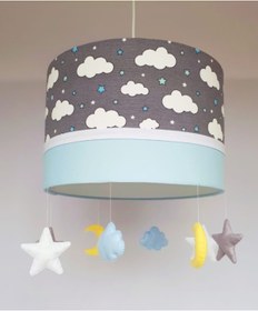 Resim Leobabyroom Gri Üzeri Beyaz Bulut Mavi Minik Yıldız Desenli Beyaz Şerit Bebe Mavi Tasarım Avize 