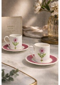 Resim 2 Kişilik Porselen Mor Papatya Desenli Kahve Fincan Takımı Seti 90ml Beyaz 