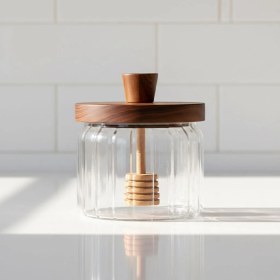 Resim Hepta Collection Akasya Ağacı Kapaklı Borosilikat Cam Bal Kavanozu ve Bal Kaşığı| Modern Kahvaltılık Saklama Kabı | B 