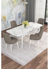 Resim Mona Beyaz Mermer 80x132 Açılabilir Mdf Masa Yemek Odası Takımı, Mutfak Takımı 4 Adet Sandalye Beyaz Mermer - 4 Cappuccino - Beyaz Ayak 