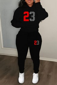 Resim classy moda 23 Numaralı Baskı Kadın Eşofman Takımı Kapüşonlu Sweatshirt ve Jogger Pantolon 