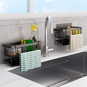 Resim Havlu Askılı Çok Amaçlı Mutfak Lavabo Düzenleyici - Metal süngerlik, Bulaşık Sabunu Rafı & Kendi Kendine Akışlı Tepsi - Siyah ve Beyaz 